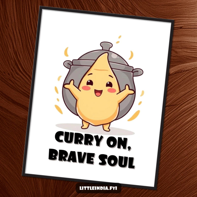 Funny Free Printable Wall Art: Bold samosa with outstretched arms challenges a giant curry pot, epic food battle.