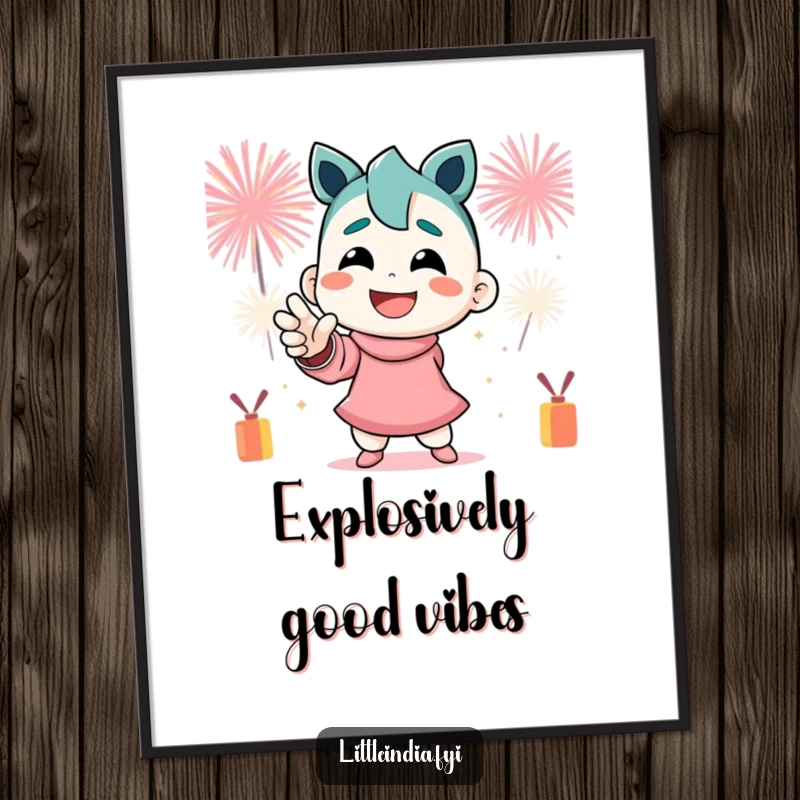 Funny Free Printable Wall Art: A smiling character strikes a dynamic pose with festive firecrackers bursting in the background.