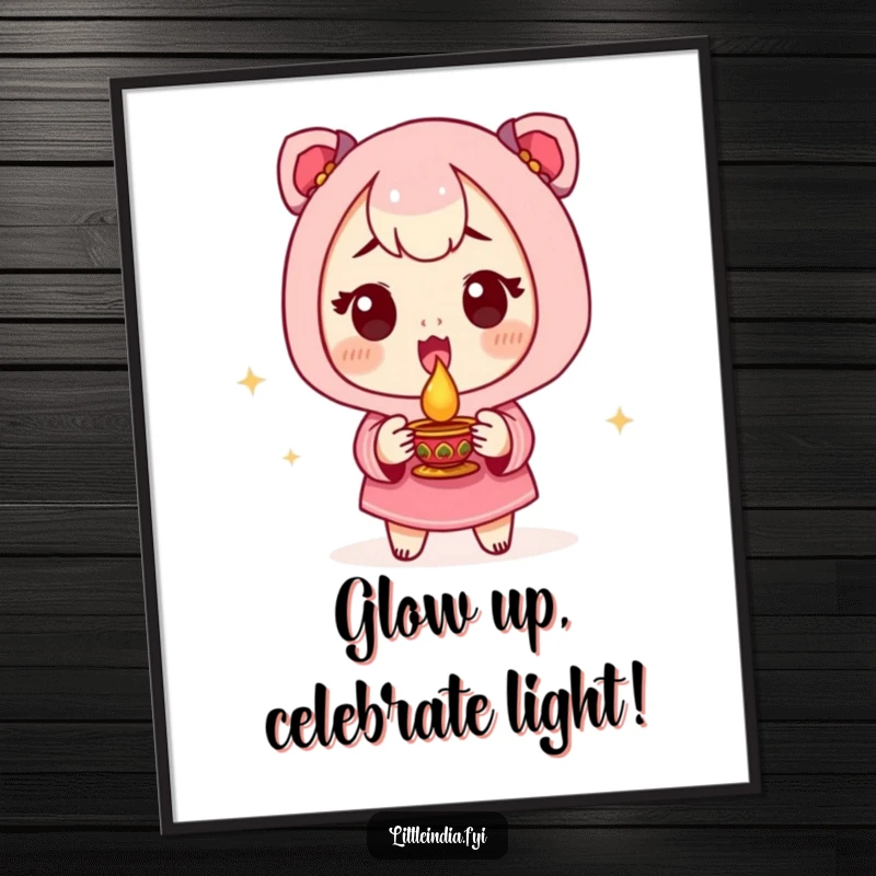 Funny Free Printable Wall Art: Cute character with excited expression, holding a small diya lamp, festive glow, downloadable art.