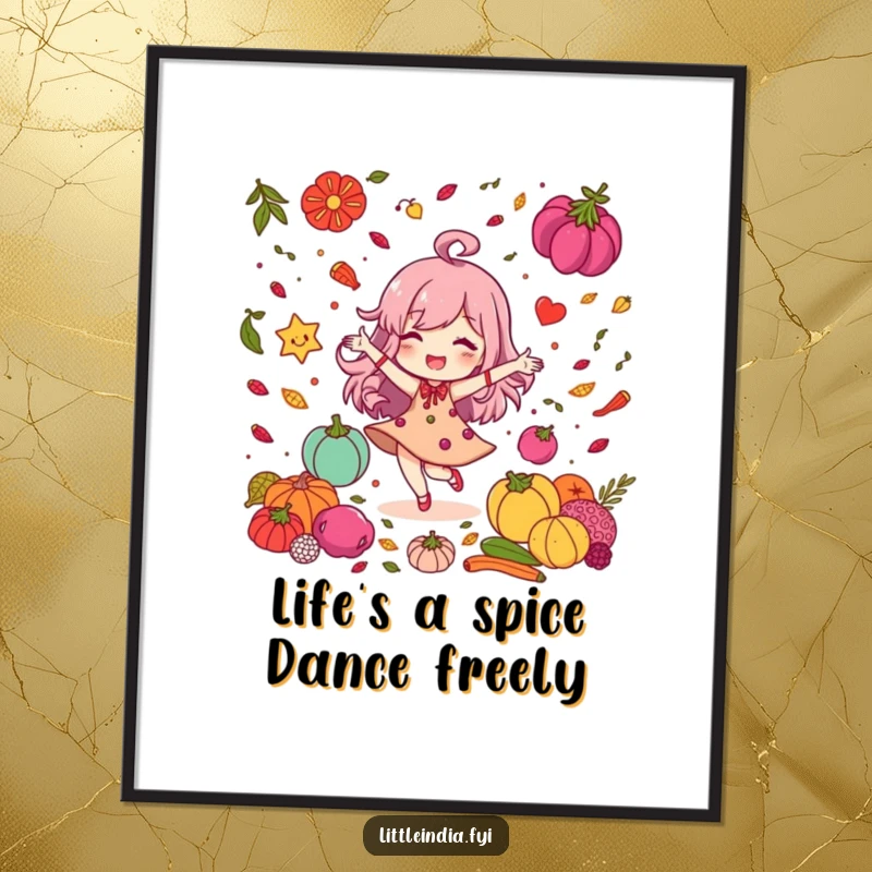 Funny Free Printable Wall Art: Delighted character dancing among colorful spices, a vibrant and humorous downloadable piece for any wall.