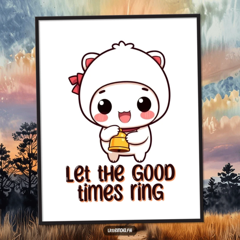 Funny Free Printable Wall Art showing a happy character attentively ringing a small bell with a cheerful expression.