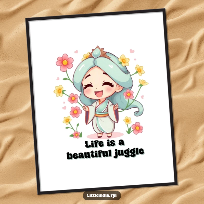 Funny Free Printable Wall Art of a character laughing hysterically while masterfully juggling jasmine flowers, creating a delightful and humorous artistic piece.