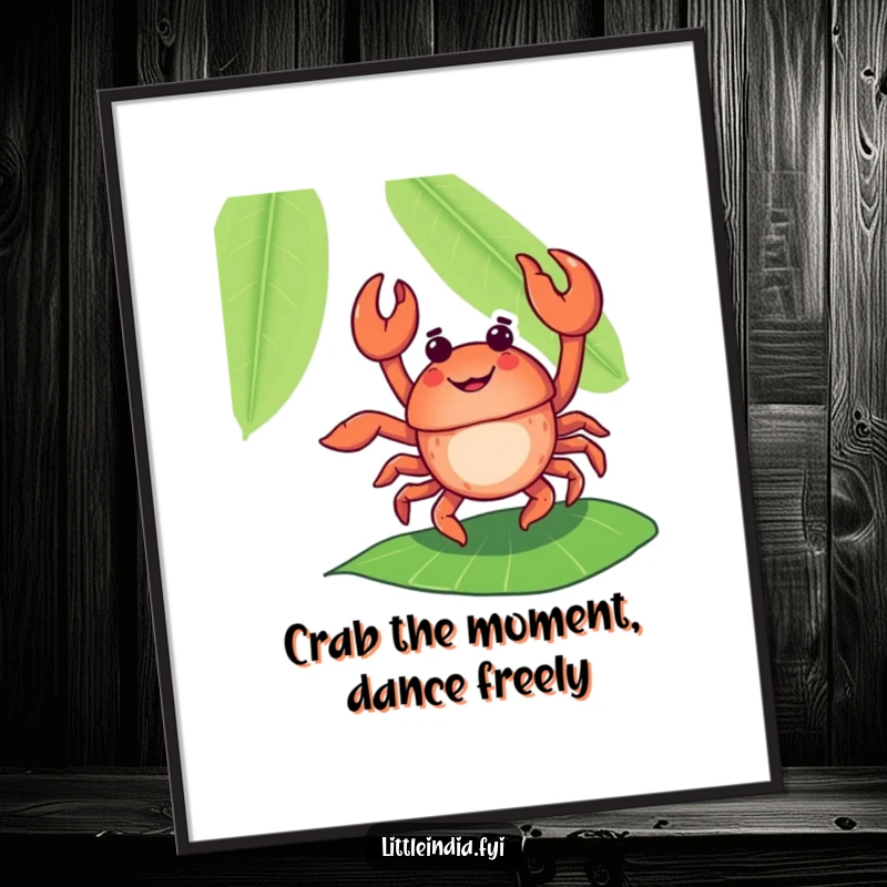Funny Free Printable Wall Art: Delighted crab performing a flamboyant dance on a banana leaf, vibrant and fun downloadable art.