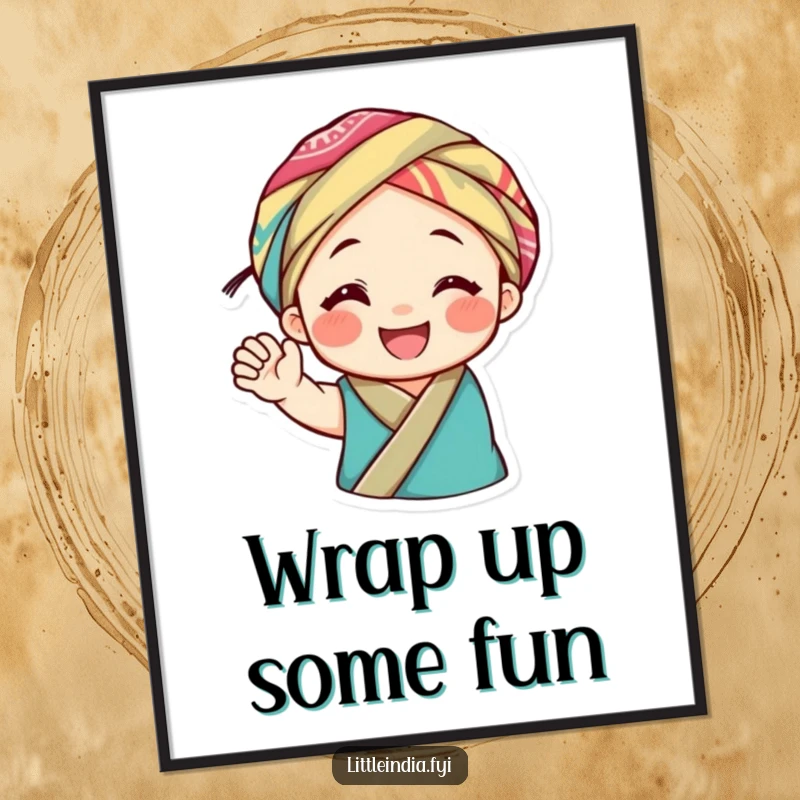 Funny Free Printable Wall Art: Smiling character wearing a vibrant, colorful fabric headwrap waves joyfully, radiating positivity.