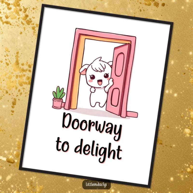 Funny Free Printable Wall Art: A curious character peeks with wide-eyed excitement from behind a brightly colored doorway.