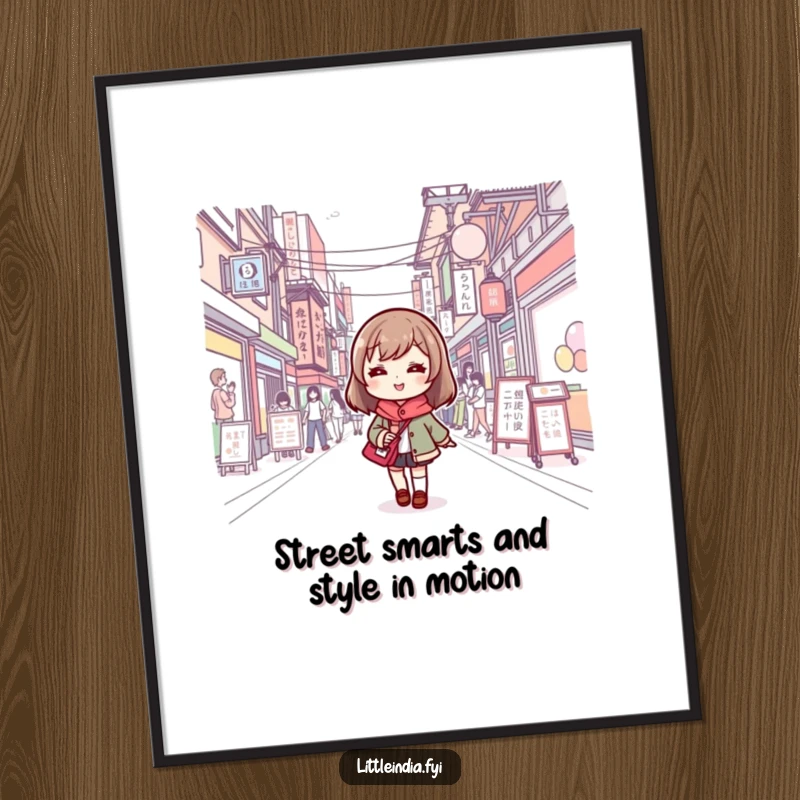 Funny Free Printable Wall Art: Cute character navigating a lively street scene with a cheerful smile.