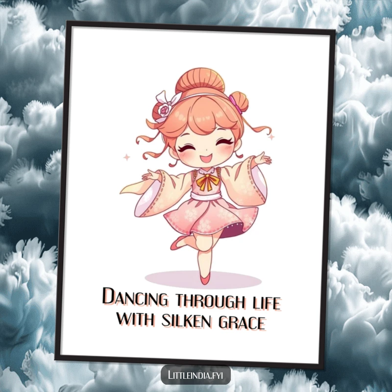 Funny Free Printable Wall Art: Delighted character dancing joyfully with swirling, shimmering silk fabrics.