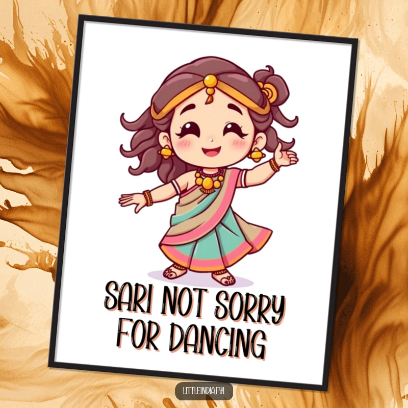 Funny Free Printable Wall Art: Smiling character wearing a colorful sari, captured mid-dance with infectious joy, perfect for walls.