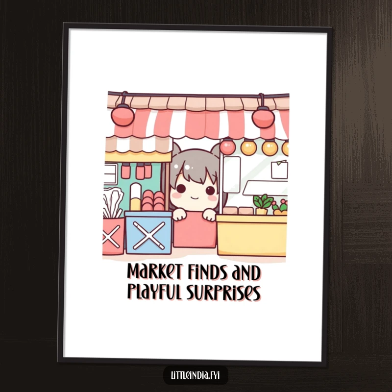 Funny Free Printable Wall Art: Playful character peeking curiously from behind brightly colored market stalls.