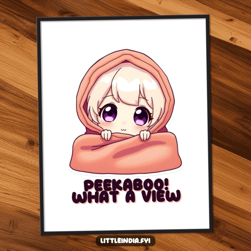 Funny Free Printable Wall Art: A delighted character peeks from behind a vibrant and colorful textile, creating a whimsical scene.