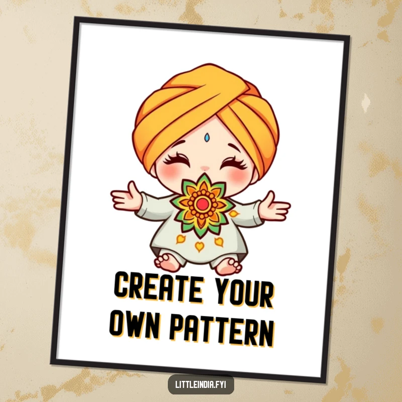 Funny Free Printable Wall Art: A cute character in a turban proudly presents a detailed and decorative rangoli pattern, adding cultural charm.