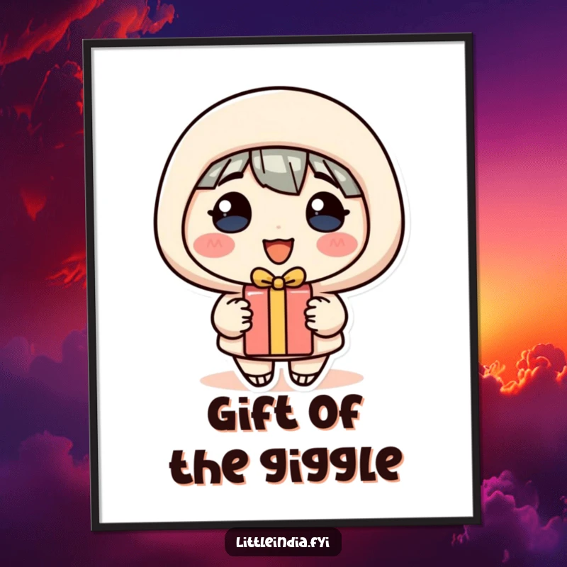 Funny Free Printable Wall Art: A character beaming with a generous smile offers a delightful small gift.