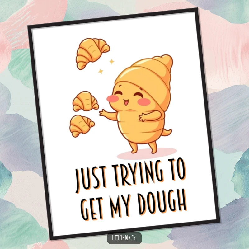 Funny Free Printable Wall Art: Blushing croissant character comically juggling tiny croissants, a whimsical downloadable art piece.