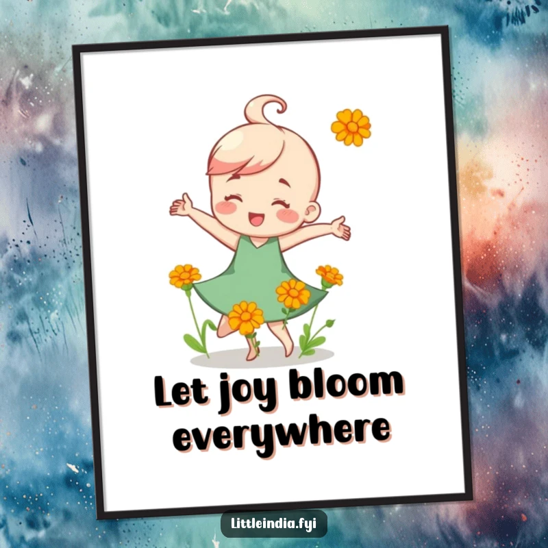 Funny Free Printable Wall Art: A happy character performs a joyful dance surrounded by small, colorful marigold flowers.