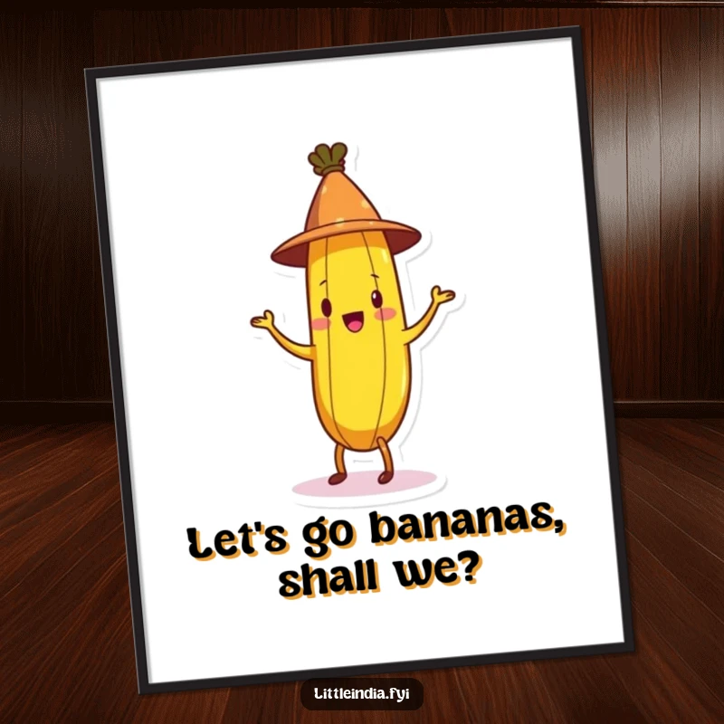 Funny Free Printable Wall Art: A cheerful banana wearing a conical hat, captured mid-jig with infectious energy.