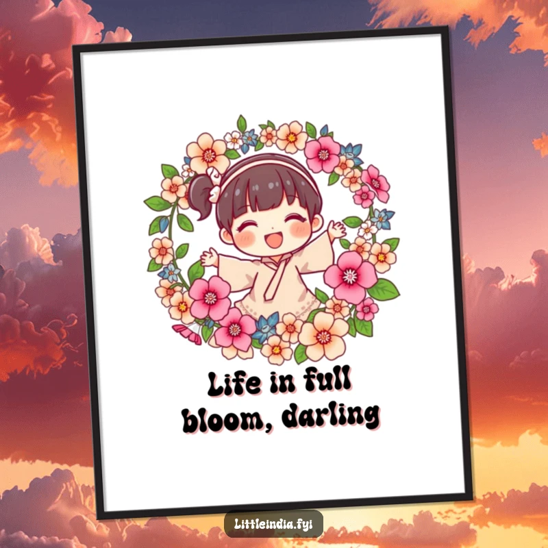 Funny Free Printable Wall Art depicting a joyful character spinning a vibrant flower garland, adding natural beauty and whimsy.