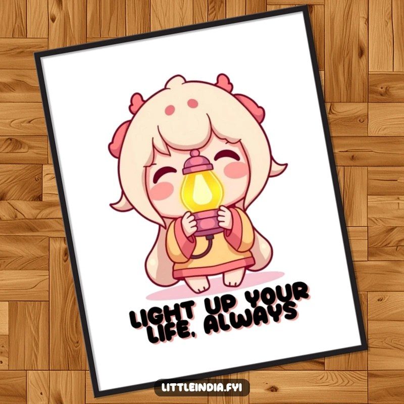 Funny Free Printable Wall Art: a delighted character holding a small, brightly colored lamp, radiating warmth and joy.