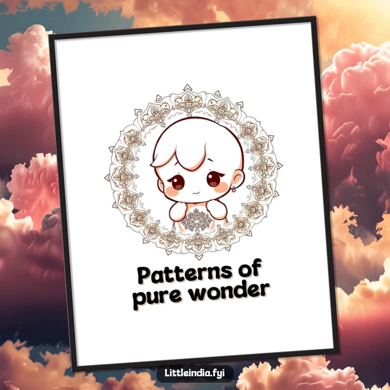 Funny Free Printable Wall Art: A small character with a curious expression gazes at elaborate, captivating patterns, creating a visually stimulating artwork.