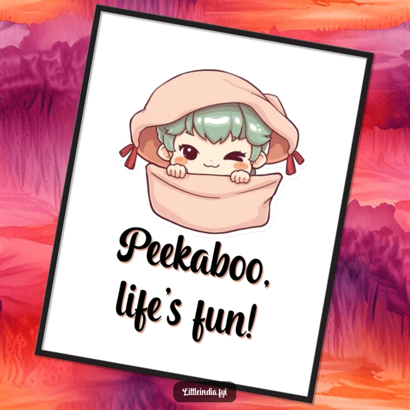 Funny Free Printable Wall Art: Small character with mischievous grin, peeking from behind a colourful market stall, playful downloadable art.