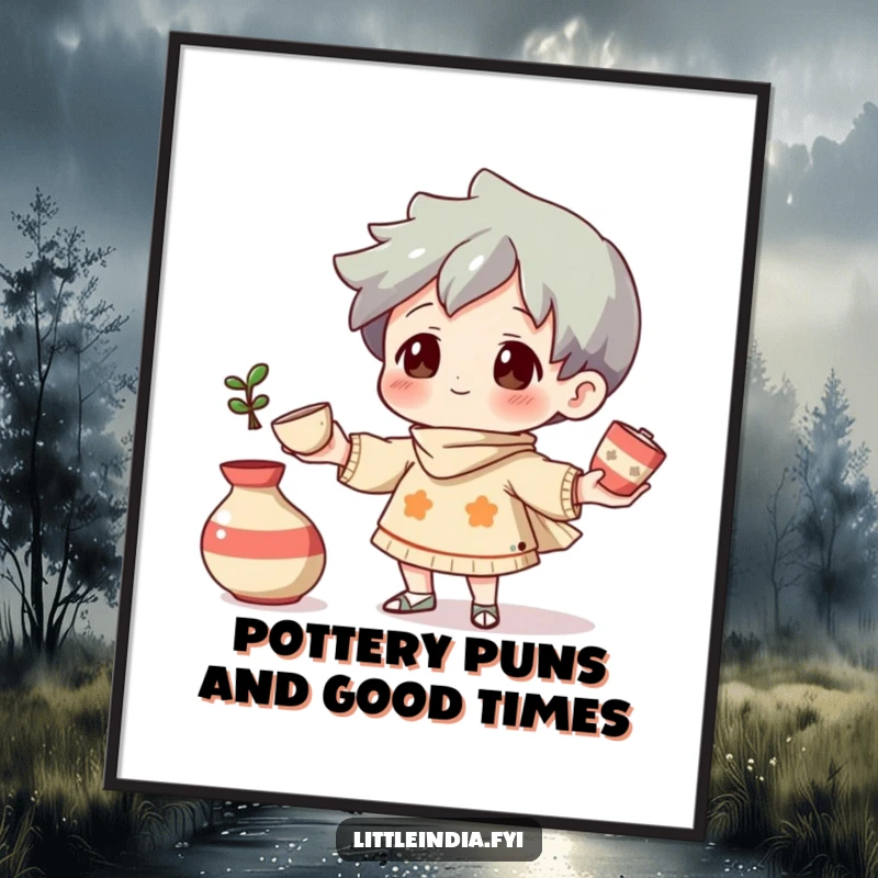 Funny Free Printable Wall Art: A curious character shows off amazing skill juggling several small decorative pottery items.