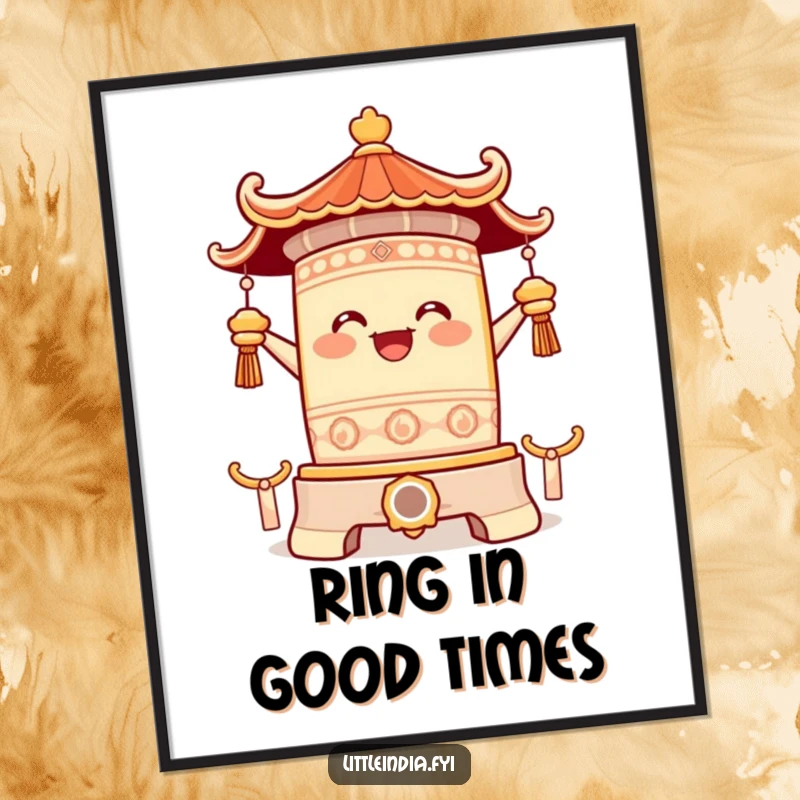 Funny Free Printable Wall Art: A happy temple bell character ringing with a serene, joyful sound.