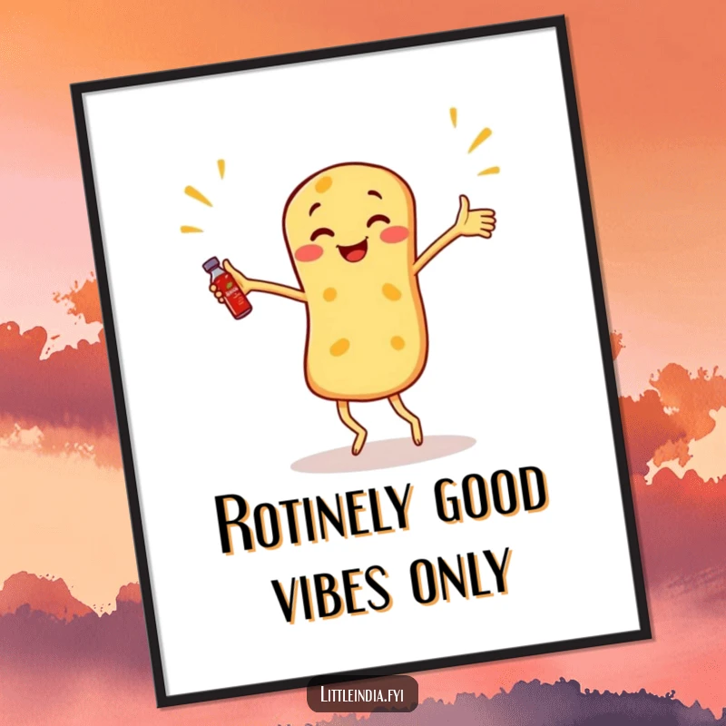 Funny Free Printable Wall Art: A roti canai energetically dancing and juggling sambal bottles, a vibrant downloadable design.