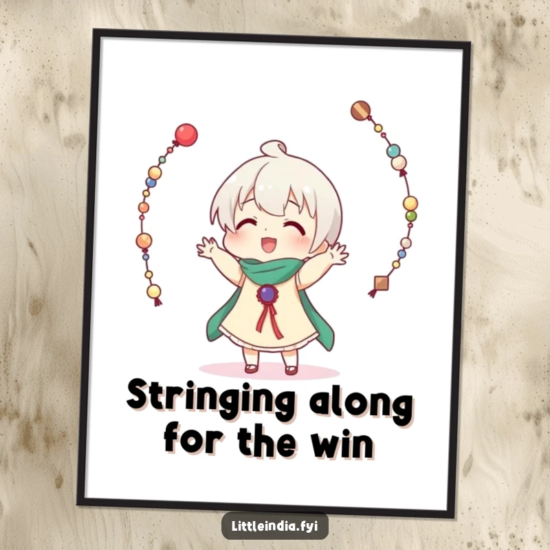 Funny Free Printable Wall Art: A whimsical character comically juggles strings of beads, creating a vibrant and humorous piece of art.