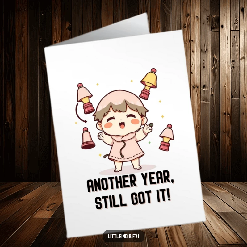 Funny Free Printable Birthday Card: Playful character hilariously juggling tiny lamps, ready for printing.