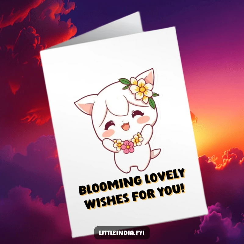 Funny Free Printable Birthday Card featuring a cheerful character in a flower garland, performing a playful, humorous bow with a smile.