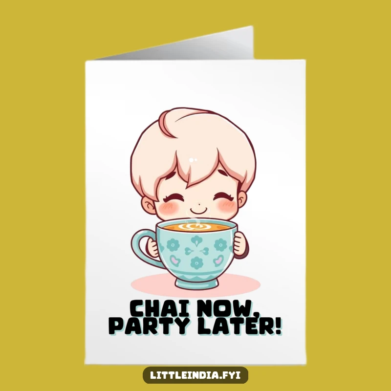 Free Printable Birthday Card: Chai Lover Character, Smiling Joy, Downloadable Warm Greeting