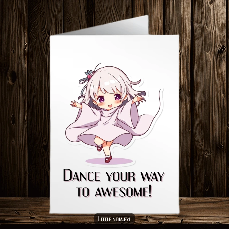 Funny Free Printable Birthday Card: Character playfully dancing with colourful flowing fabric, celebrating joyfully, downloadable art.