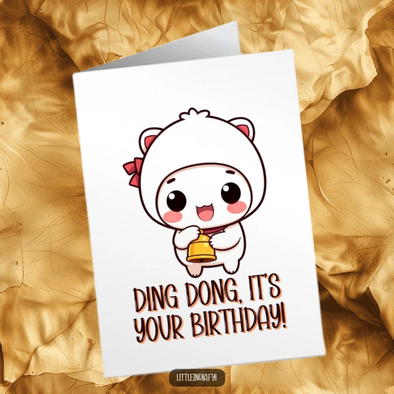 Funny Free Printable Birthday Card featuring a happy character joyfully ringing a small bell to signal celebration.