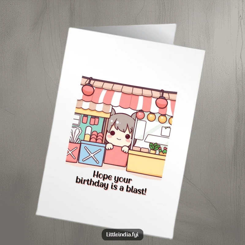 Funny Free Printable Birthday Card: Playful character peeking with a grin from behind vibrant market stalls.