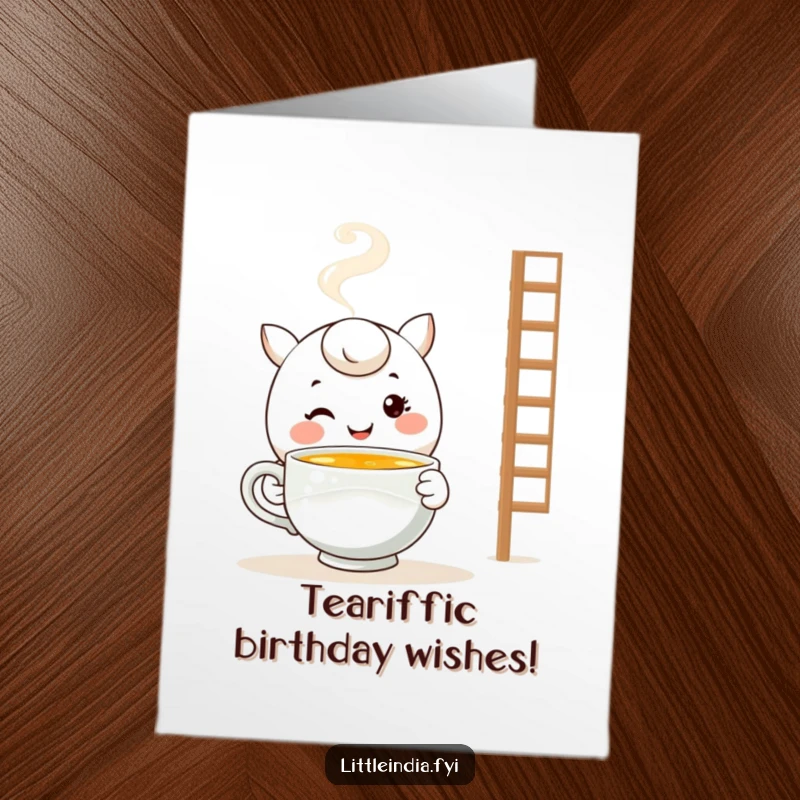 Funny Free Printable Birthday Card: Smiling character offering steaming tea with a warm look, perfect for cozy celebrations.
