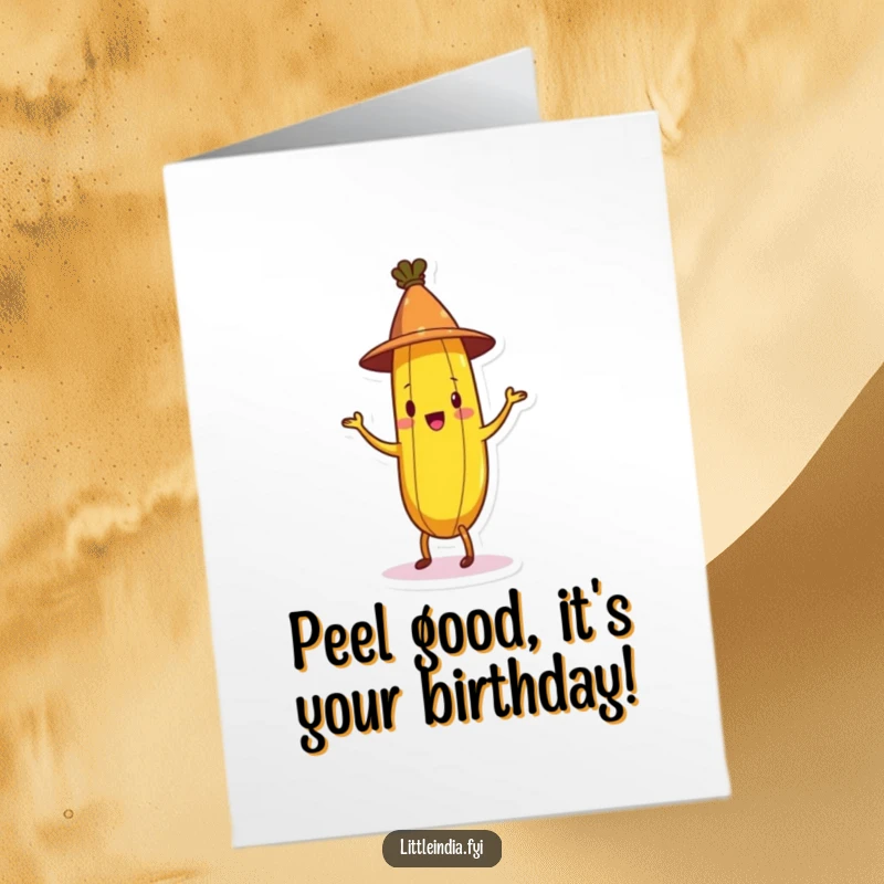 Funny Free Printable Birthday Card: A happy banana sporting a tiny party hat and enthusiastically doing a jig.