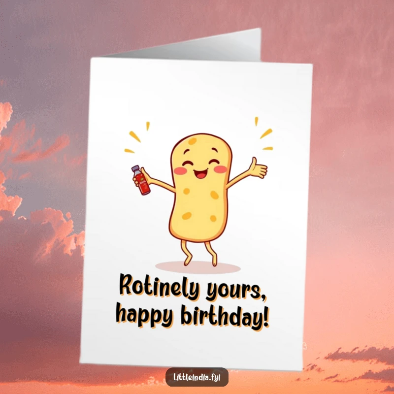 Funny Free Printable Birthday Card: A roti canai dancing and juggling sambal, a lively downloadable gift.