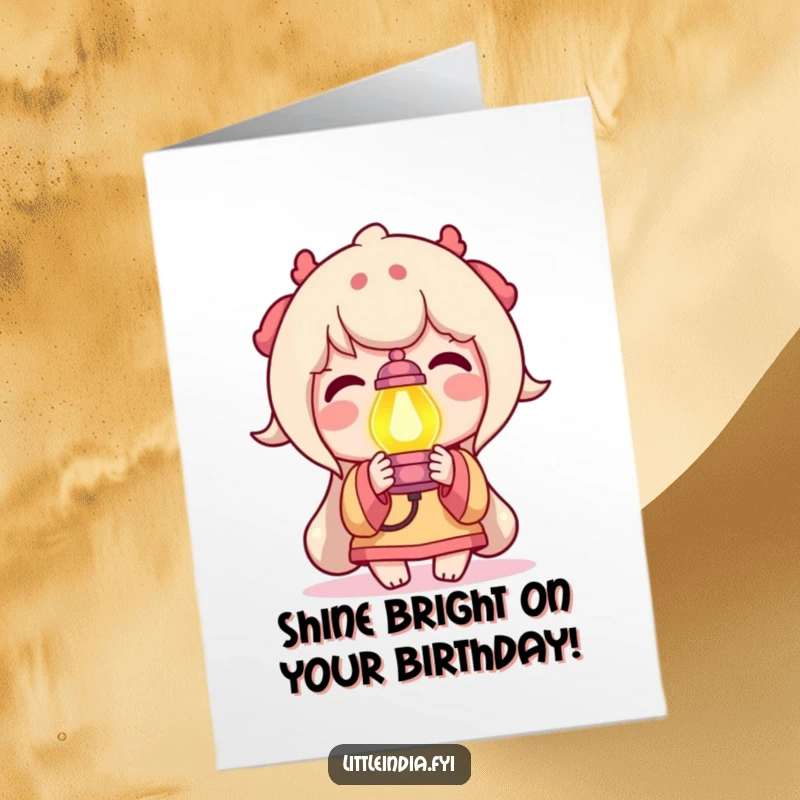 Funny Free Printable Birthday Card: a delighted character holding a brightly colored lamp, symbolizing a bright and happy birthday.