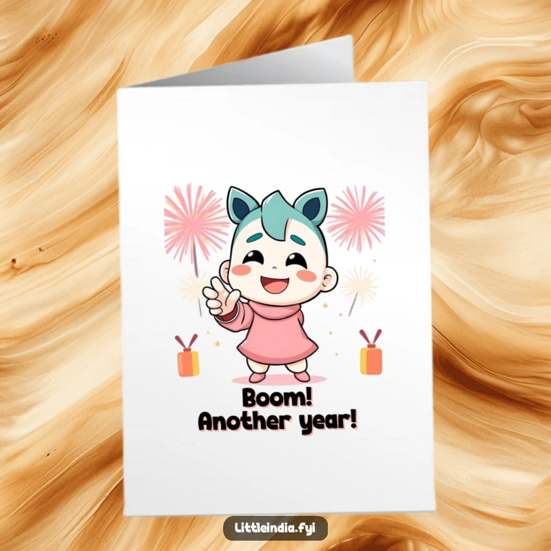 Funny Free Printable Birthday Card: Smiling character in a dynamic pose with festive firecrackers exploding behind.