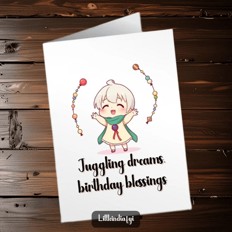 Funny Free Printable Birthday Card: A character struggles comically while juggling colorful strings of beads, perfect for a laugh.