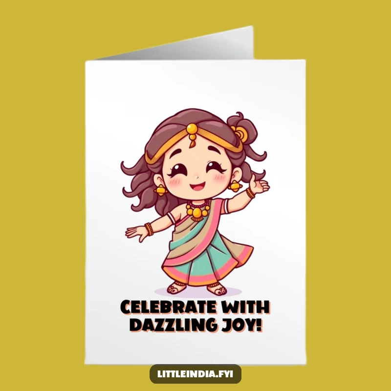 Free Printable Birthday Card: Joyful Dancer in Sari, Funny Downloadable Gift for Celebrations
