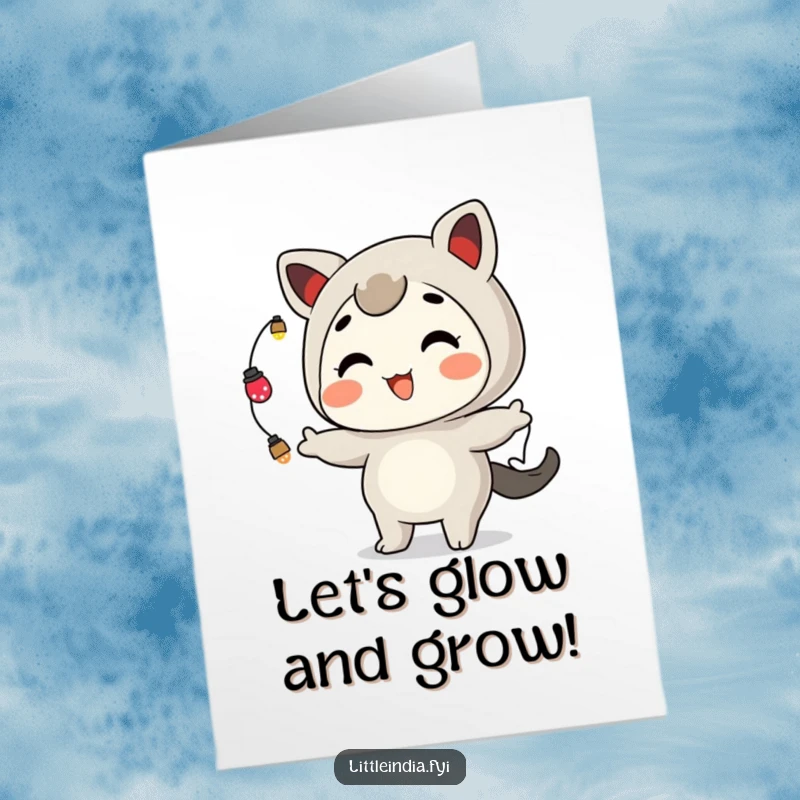 Funny Free Printable Birthday Card of a playful character grinning while juggling bright ornamental lights.