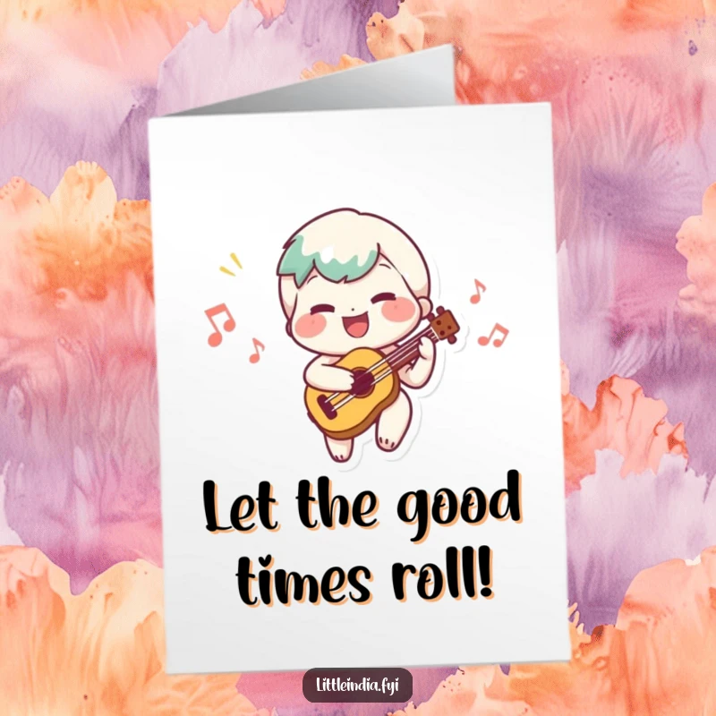 Funny Free Printable Birthday Card: Cheerful character joyfully playing a small musical instrument, creating a happy tune.