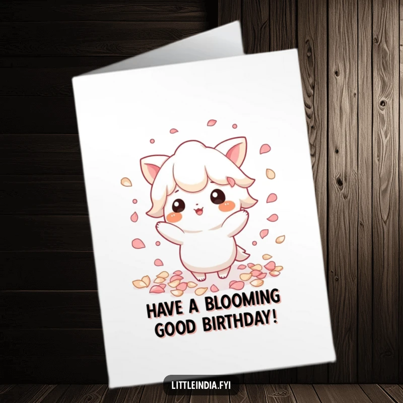 Funny Free Printable Birthday Card: Playful character scattering colorful petals with a gentle flourish, spreading joy. DIY greeting.