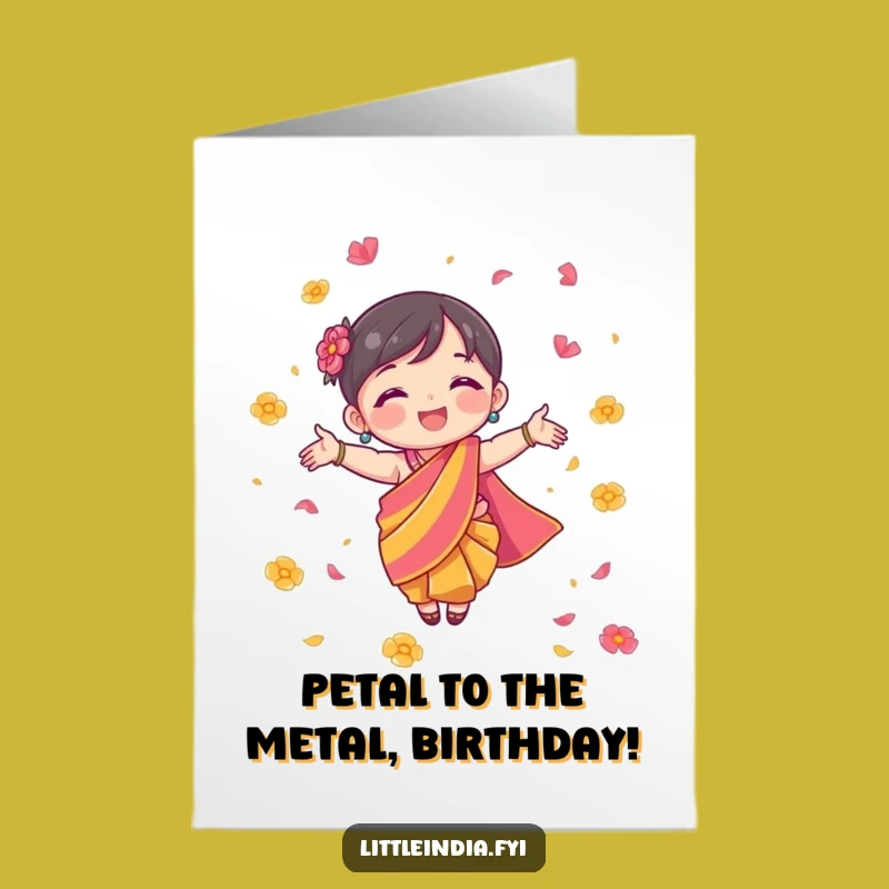 Free Printable Birthday Card: Sari Character Scattering Petals, Joyful Downloadable