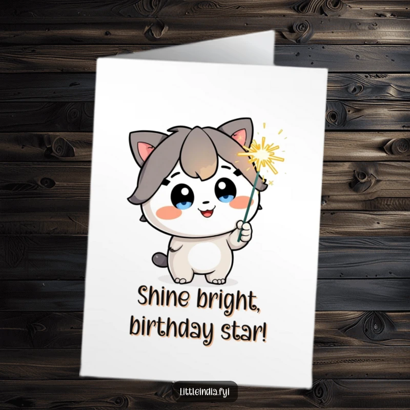 Funny Free Printable Birthday Card: Happy character with sparkling eyes playfully holds a bright, dazzling sparkler.