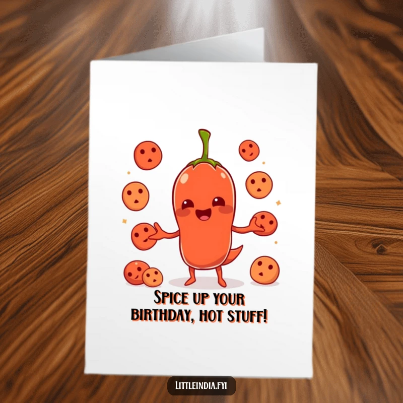Funny Free Printable Birthday Card: Spicy chili pepper character hilariously juggling idlis, perfect for a laugh.