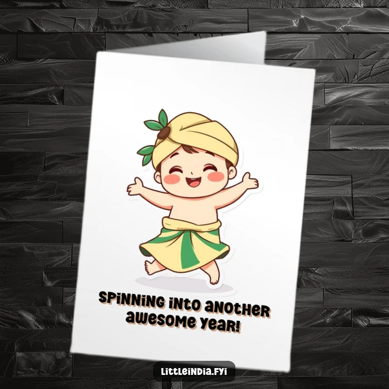 Funny Free Printable Birthday Card: Smiling sarong character doing a joyful twirl, festive and fun.