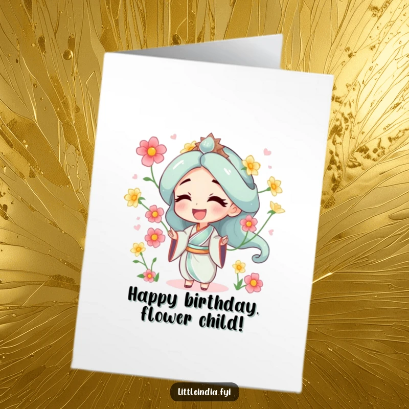 Funny Free Printable Birthday Card with a character laughing heartily while juggling delicate jasmine flowers, creating a whimsical and joyful scene.