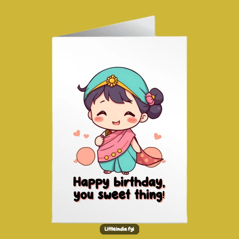 Free Printable Birthday Card: Cute Sari Character Sharing Smiles