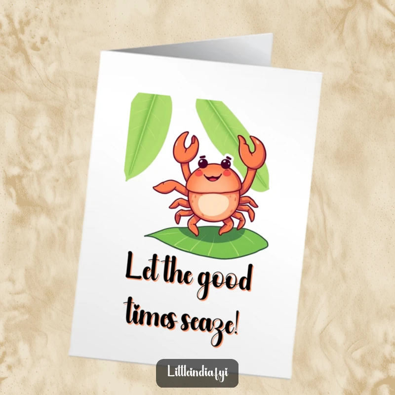Funny Free Printable Birthday Card: Delighted crab performing a flamboyant dance on a banana leaf, a festive greeting.